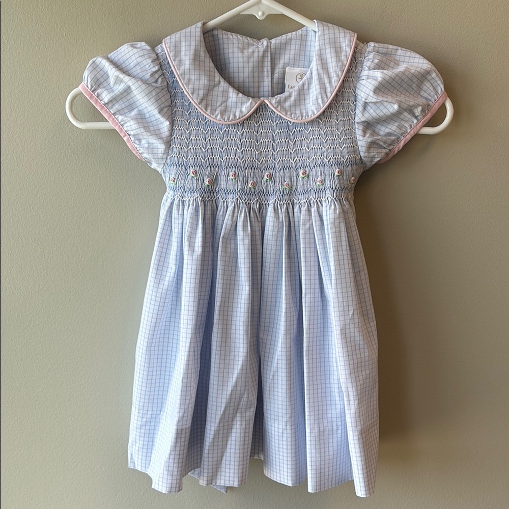 Classic Blue Smocked Girls Dress with Pink Trim